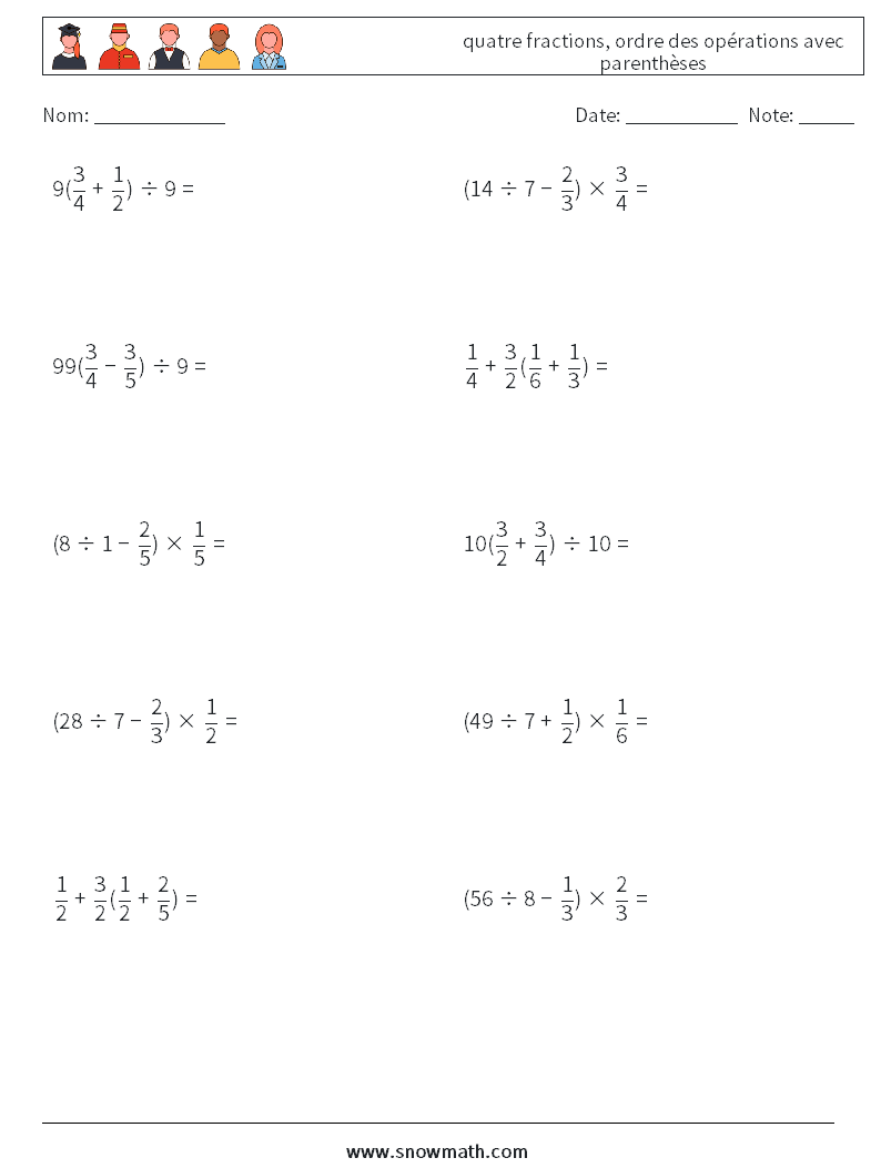 (10) quatre fractions, ordre des opérations avec parenthèses Fiches d'Exercices de Mathématiques 2