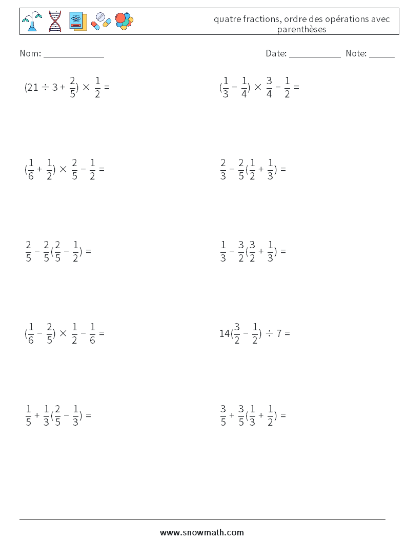 (10) quatre fractions, ordre des opérations avec parenthèses Fiches d'Exercices de Mathématiques 3