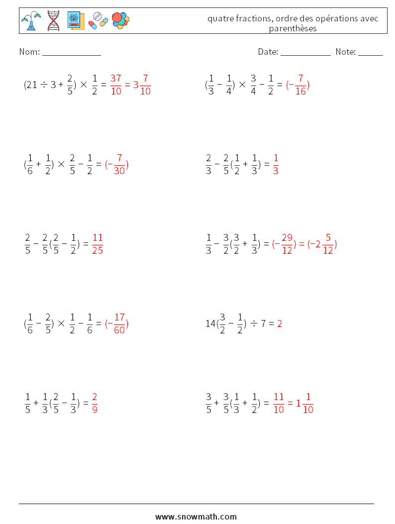 (10) quatre fractions, ordre des opérations avec parenthèses Fiches d'Exercices de Mathématiques 3 Question, Réponse