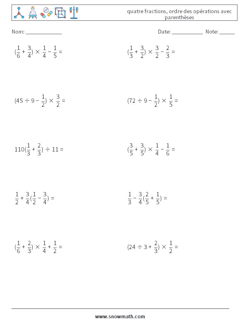 (10) quatre fractions, ordre des opérations avec parenthèses Fiches d'Exercices de Mathématiques 4