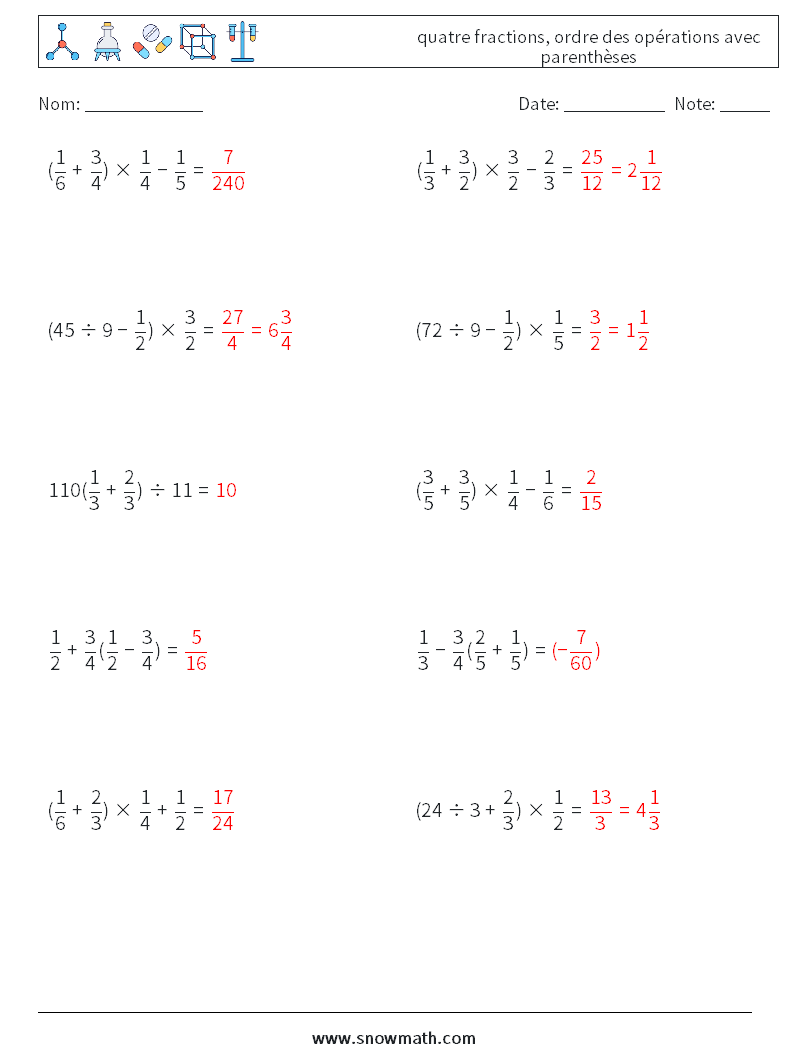 (10) quatre fractions, ordre des opérations avec parenthèses Fiches d'Exercices de Mathématiques 4 Question, Réponse