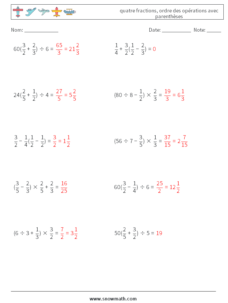 (10) quatre fractions, ordre des opérations avec parenthèses Fiches d'Exercices de Mathématiques 5 Question, Réponse