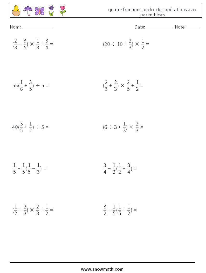 (10) quatre fractions, ordre des opérations avec parenthèses Fiches d'Exercices de Mathématiques 7