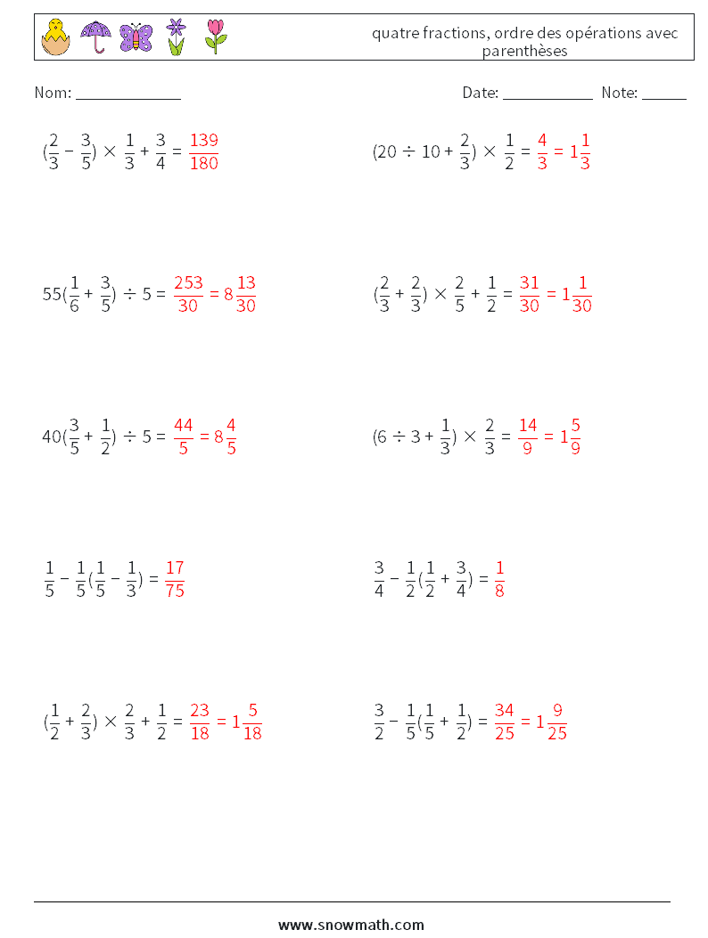 (10) quatre fractions, ordre des opérations avec parenthèses Fiches d'Exercices de Mathématiques 7 Question, Réponse