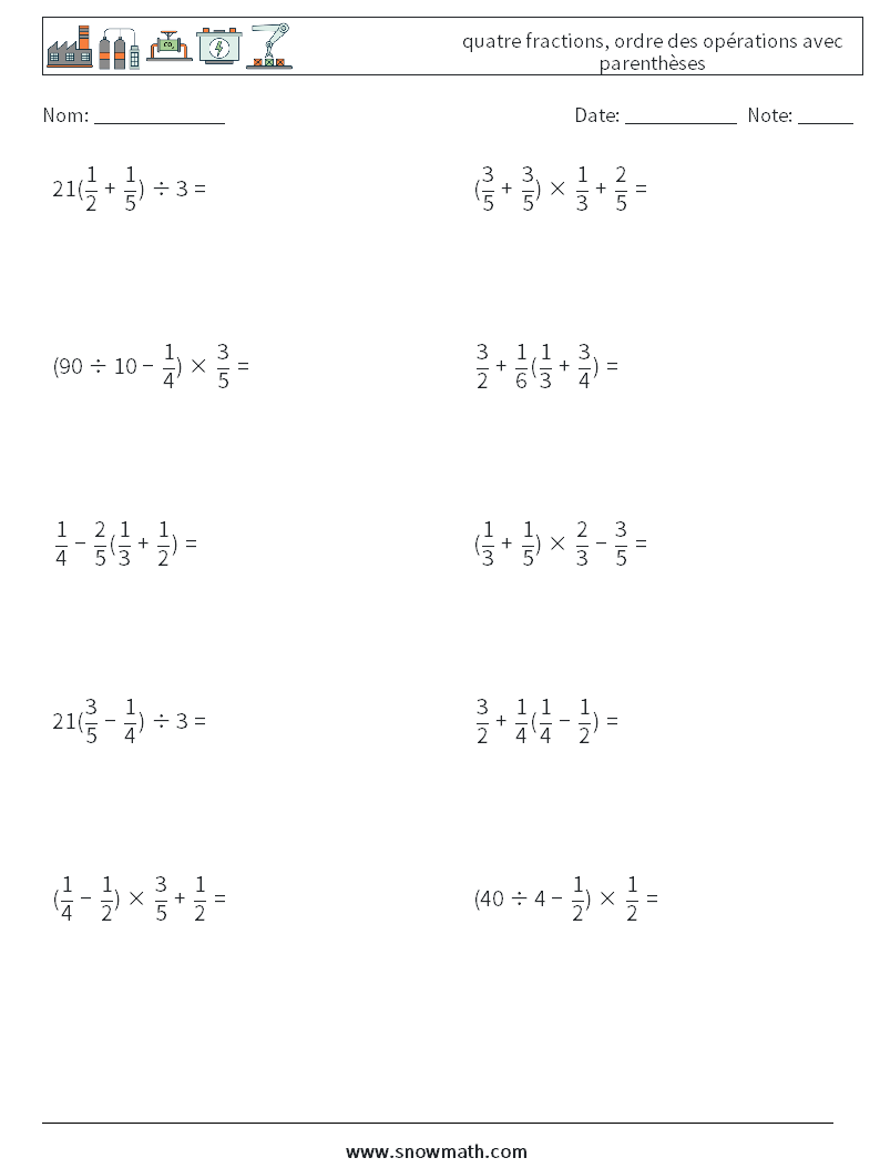 (10) quatre fractions, ordre des opérations avec parenthèses Fiches d'Exercices de Mathématiques 8