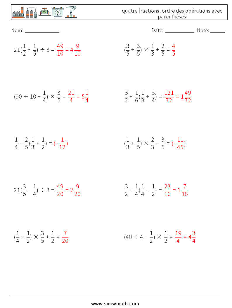(10) quatre fractions, ordre des opérations avec parenthèses Fiches d'Exercices de Mathématiques 8 Question, Réponse