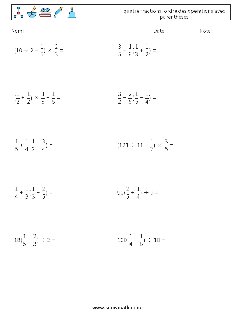 (10) quatre fractions, ordre des opérations avec parenthèses Fiches d'Exercices de Mathématiques 9