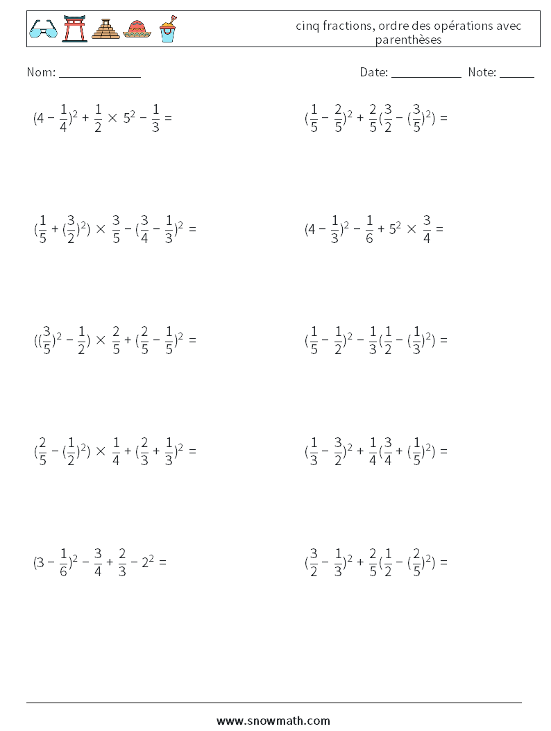 (10) cinq fractions, ordre des opérations avec parenthèses