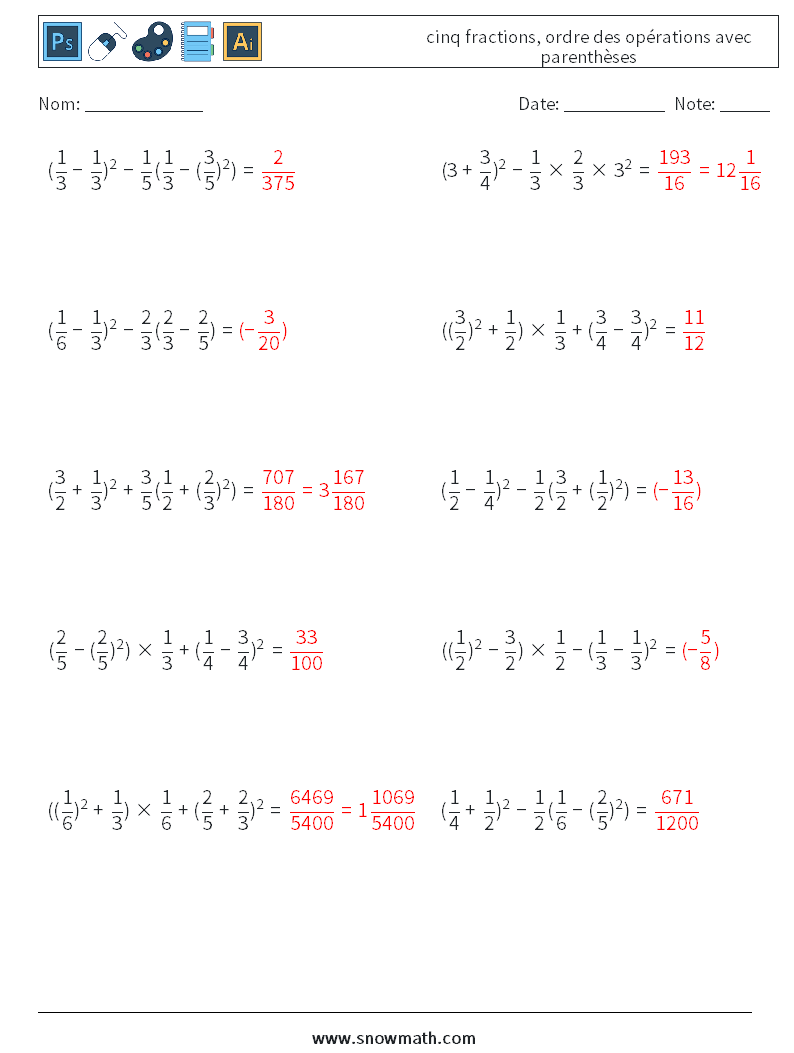 (10) cinq fractions, ordre des opérations avec parenthèses Fiches d'Exercices de Mathématiques 10 Question, Réponse
