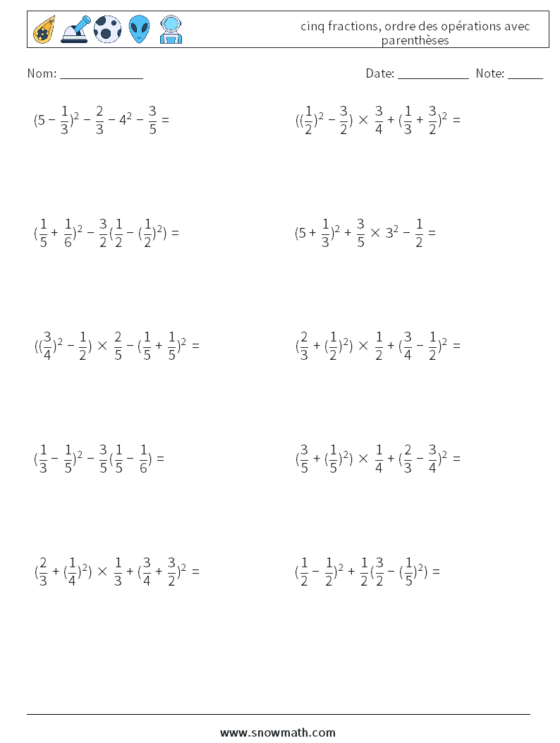 (10) cinq fractions, ordre des opérations avec parenthèses Fiches d'Exercices de Mathématiques 11