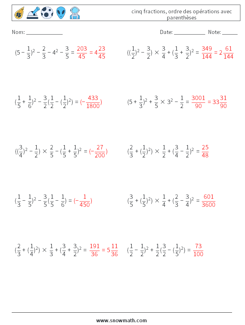 (10) cinq fractions, ordre des opérations avec parenthèses Fiches d'Exercices de Mathématiques 11 Question, Réponse