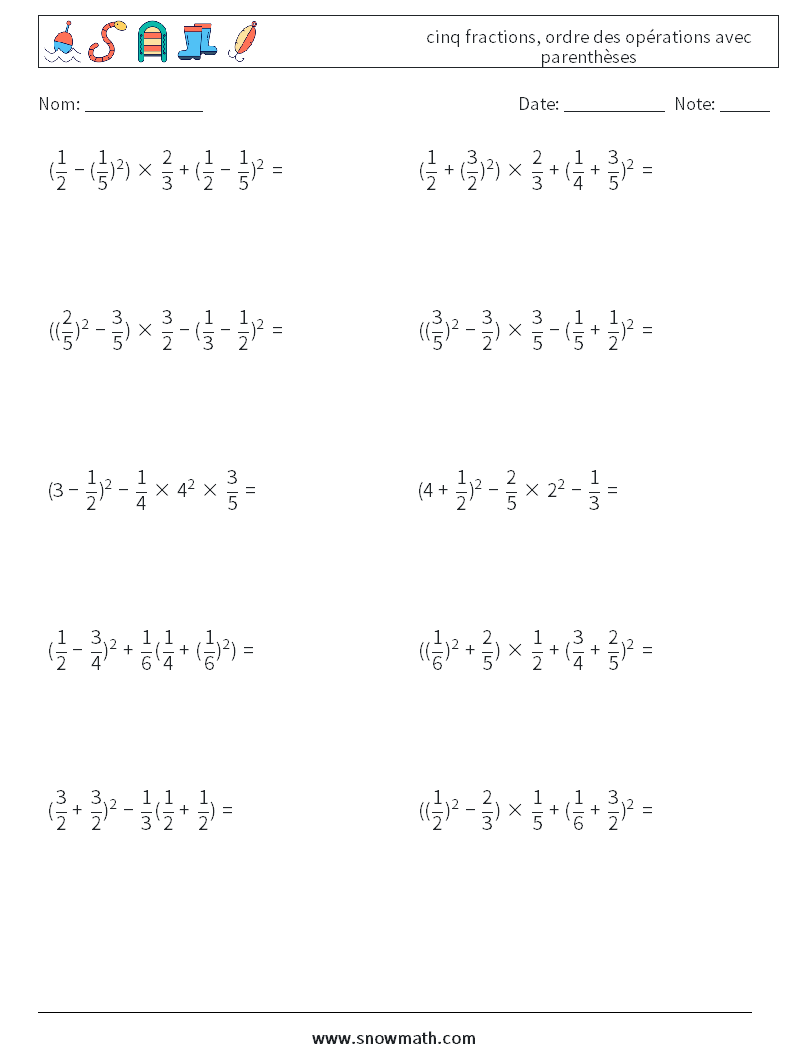 (10) cinq fractions, ordre des opérations avec parenthèses Fiches d'Exercices de Mathématiques 12
