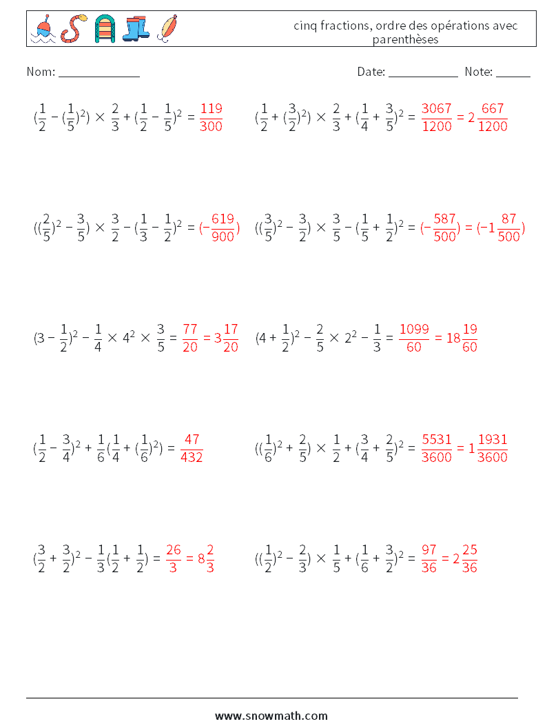 (10) cinq fractions, ordre des opérations avec parenthèses Fiches d'Exercices de Mathématiques 12 Question, Réponse