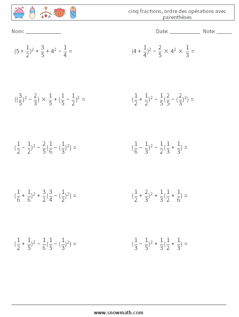 (10) cinq fractions, ordre des opérations avec parenthèses Fiches d'Exercices de Mathématiques 13