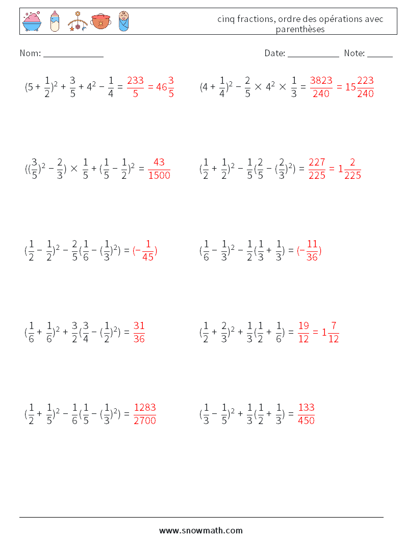(10) cinq fractions, ordre des opérations avec parenthèses Fiches d'Exercices de Mathématiques 13 Question, Réponse