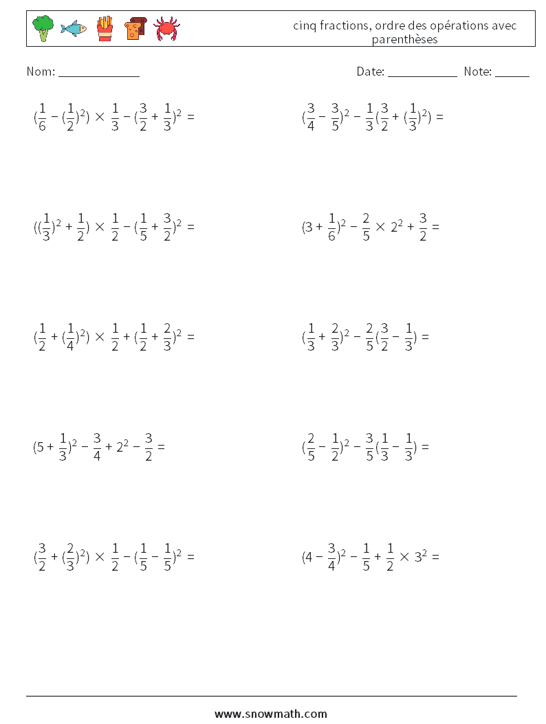 (10) cinq fractions, ordre des opérations avec parenthèses Fiches d'Exercices de Mathématiques 14