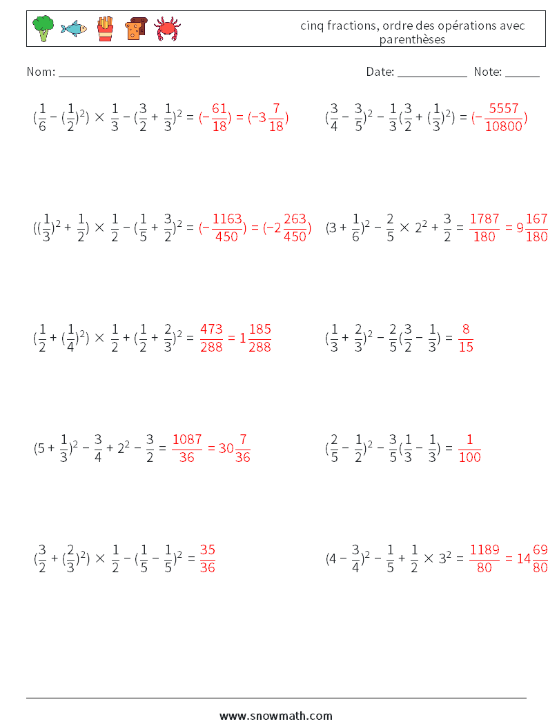(10) cinq fractions, ordre des opérations avec parenthèses Fiches d'Exercices de Mathématiques 14 Question, Réponse