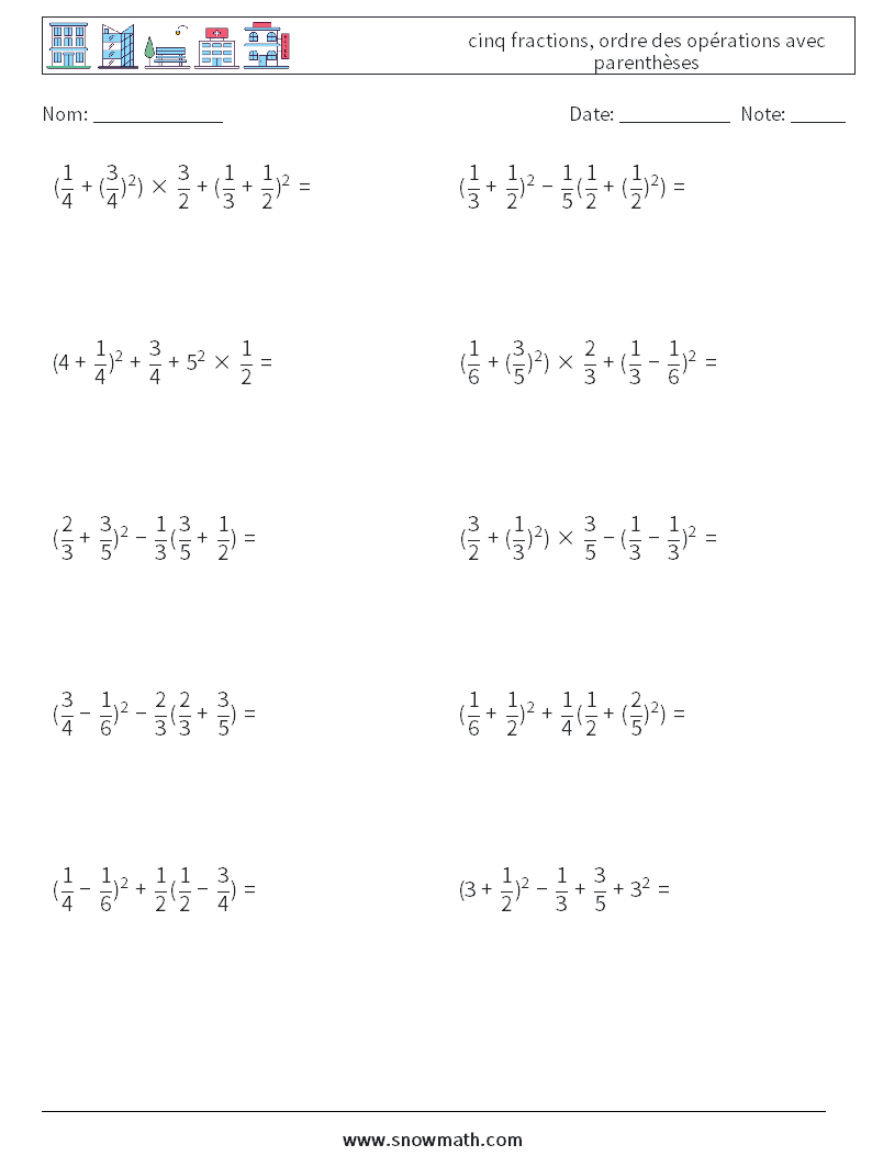 (10) cinq fractions, ordre des opérations avec parenthèses Fiches d'Exercices de Mathématiques 15