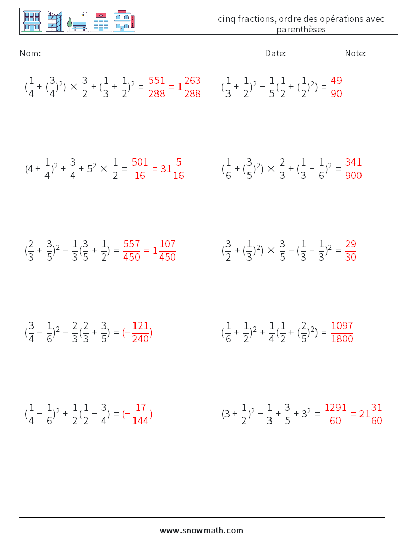 (10) cinq fractions, ordre des opérations avec parenthèses Fiches d'Exercices de Mathématiques 15 Question, Réponse