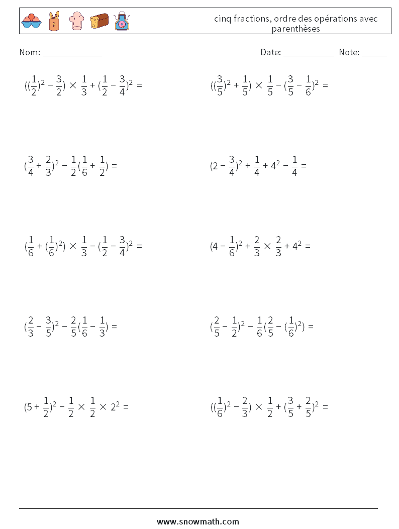 (10) cinq fractions, ordre des opérations avec parenthèses Fiches d'Exercices de Mathématiques 16