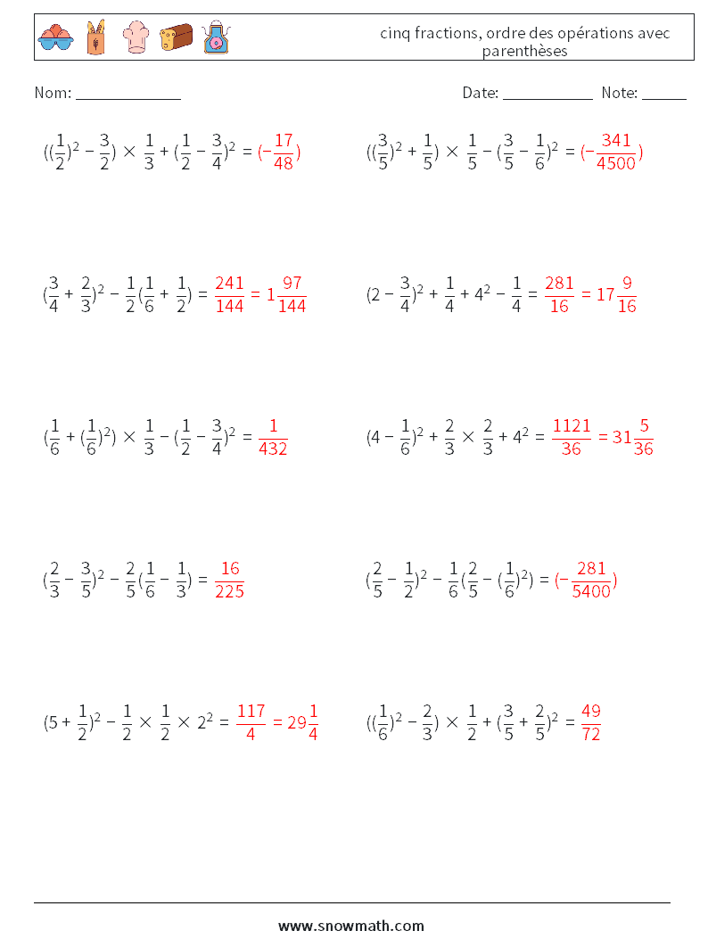 (10) cinq fractions, ordre des opérations avec parenthèses Fiches d'Exercices de Mathématiques 16 Question, Réponse