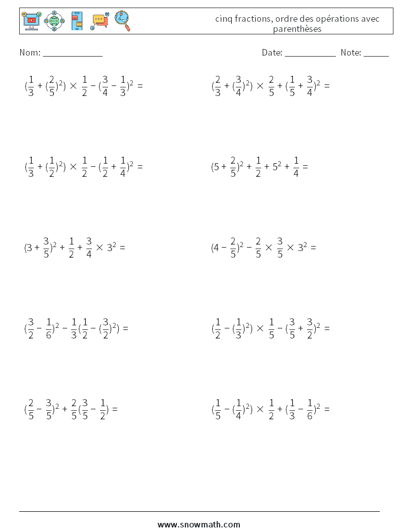 (10) cinq fractions, ordre des opérations avec parenthèses Fiches d'Exercices de Mathématiques 17