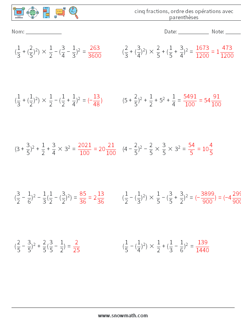(10) cinq fractions, ordre des opérations avec parenthèses Fiches d'Exercices de Mathématiques 17 Question, Réponse