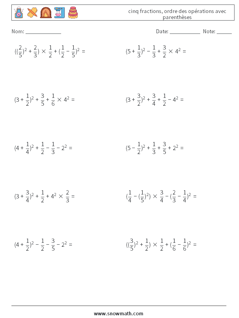 (10) cinq fractions, ordre des opérations avec parenthèses Fiches d'Exercices de Mathématiques 18