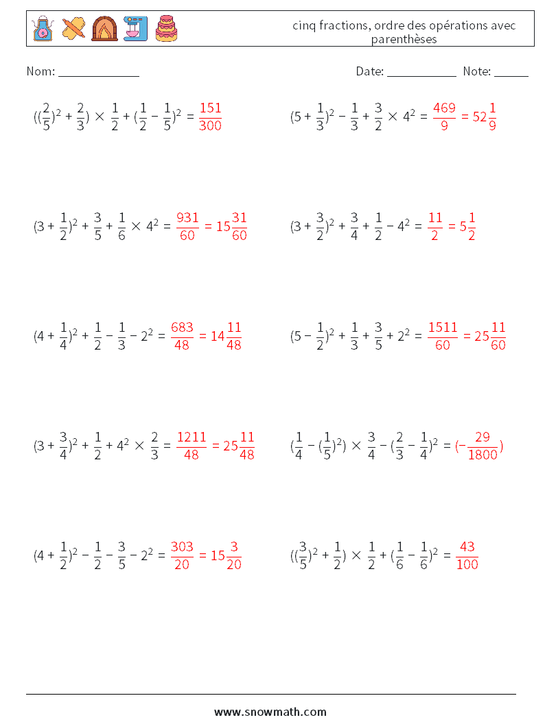 (10) cinq fractions, ordre des opérations avec parenthèses Fiches d'Exercices de Mathématiques 18 Question, Réponse