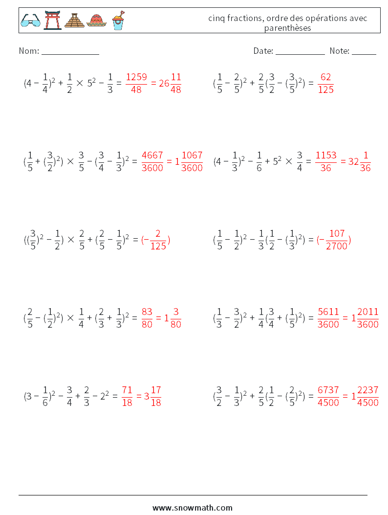 (10) cinq fractions, ordre des opérations avec parenthèses Fiches d'Exercices de Mathématiques 1 Question, Réponse
