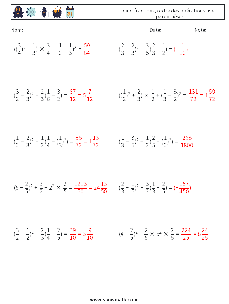 (10) cinq fractions, ordre des opérations avec parenthèses Fiches d'Exercices de Mathématiques 2 Question, Réponse