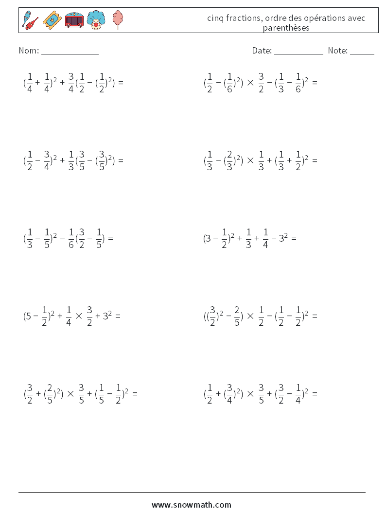 (10) cinq fractions, ordre des opérations avec parenthèses Fiches d'Exercices de Mathématiques 3