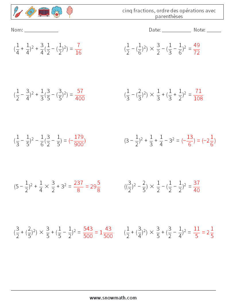 (10) cinq fractions, ordre des opérations avec parenthèses Fiches d'Exercices de Mathématiques 3 Question, Réponse
