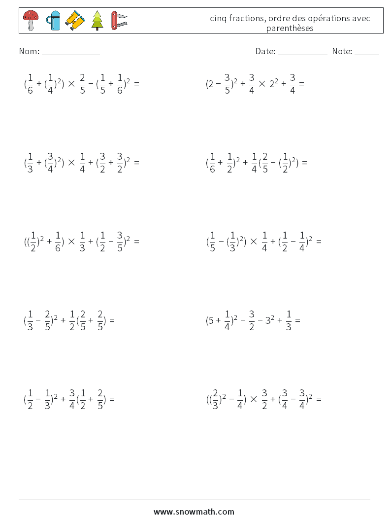 (10) cinq fractions, ordre des opérations avec parenthèses Fiches d'Exercices de Mathématiques 4