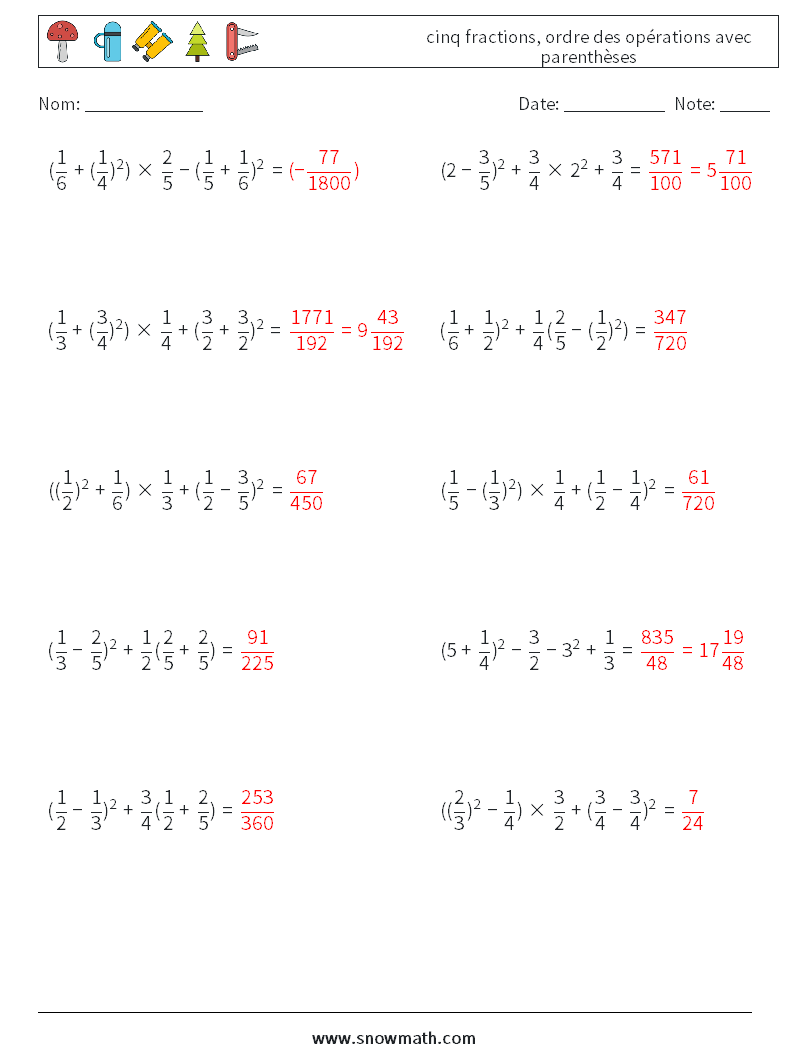 (10) cinq fractions, ordre des opérations avec parenthèses Fiches d'Exercices de Mathématiques 4 Question, Réponse
