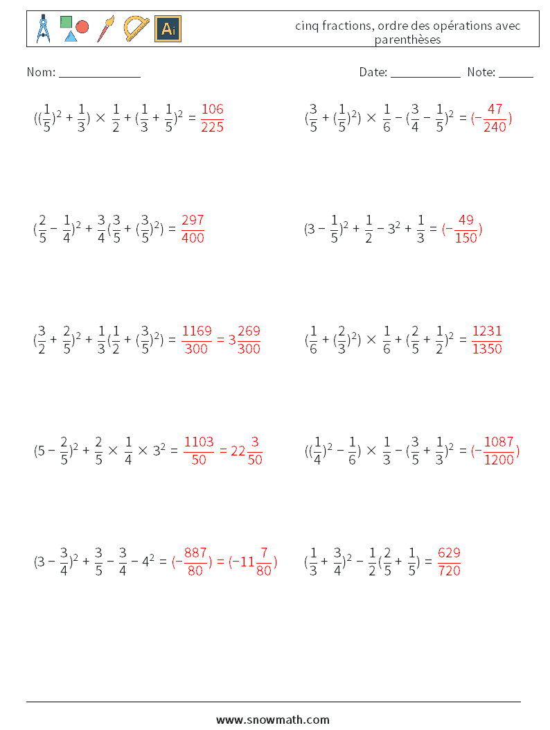 (10) cinq fractions, ordre des opérations avec parenthèses Fiches d'Exercices de Mathématiques 5 Question, Réponse