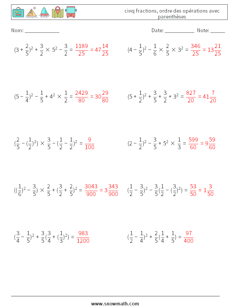 (10) cinq fractions, ordre des opérations avec parenthèses Fiches d'Exercices de Mathématiques 6 Question, Réponse