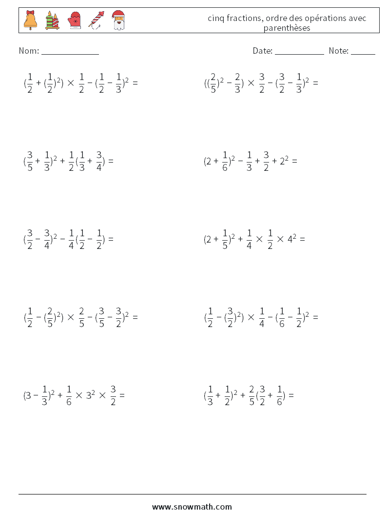 (10) cinq fractions, ordre des opérations avec parenthèses Fiches d'Exercices de Mathématiques 7