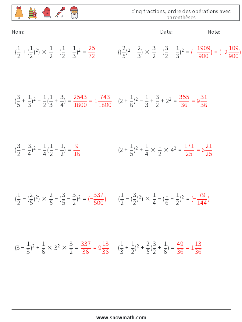 (10) cinq fractions, ordre des opérations avec parenthèses Fiches d'Exercices de Mathématiques 7 Question, Réponse