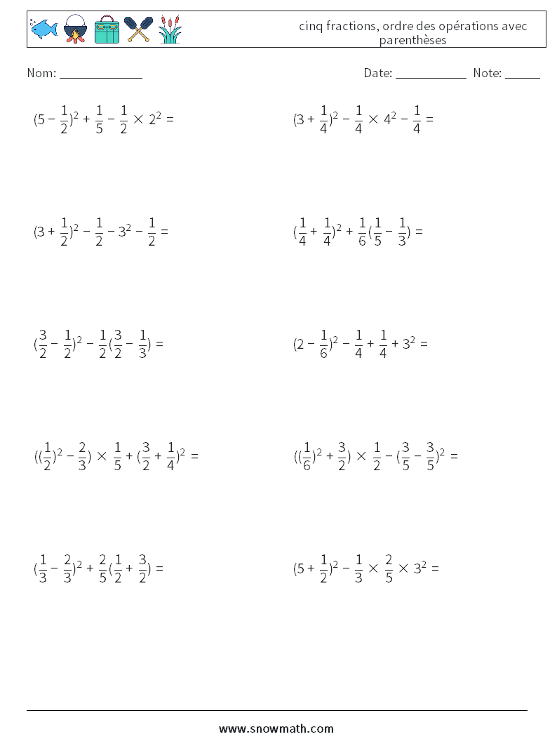 (10) cinq fractions, ordre des opérations avec parenthèses Fiches d'Exercices de Mathématiques 8