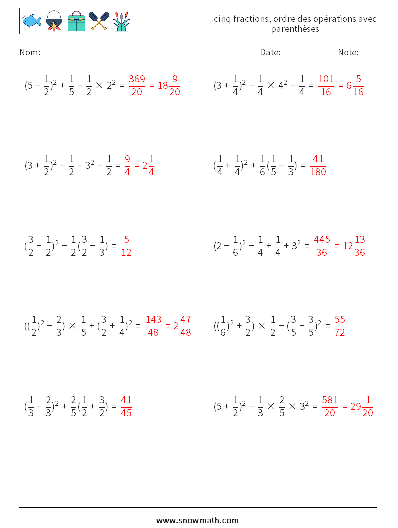 (10) cinq fractions, ordre des opérations avec parenthèses Fiches d'Exercices de Mathématiques 8 Question, Réponse
