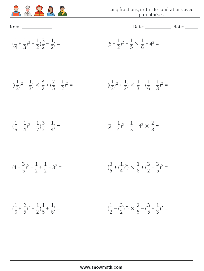 (10) cinq fractions, ordre des opérations avec parenthèses Fiches d'Exercices de Mathématiques 9