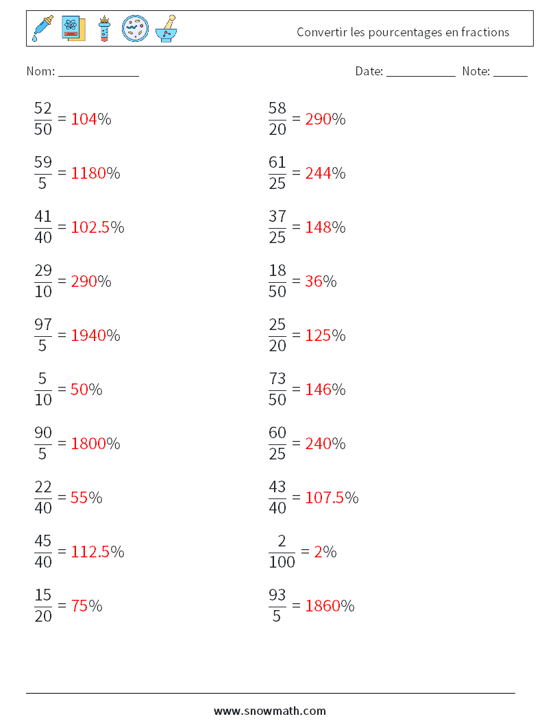 Convertir les pourcentages en fractions Fiches d'Exercices de Mathématiques 1 Question, Réponse