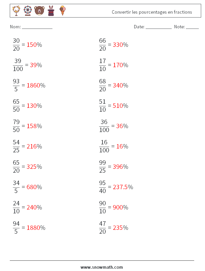 Convertir les pourcentages en fractions Fiches d'Exercices de Mathématiques 2 Question, Réponse