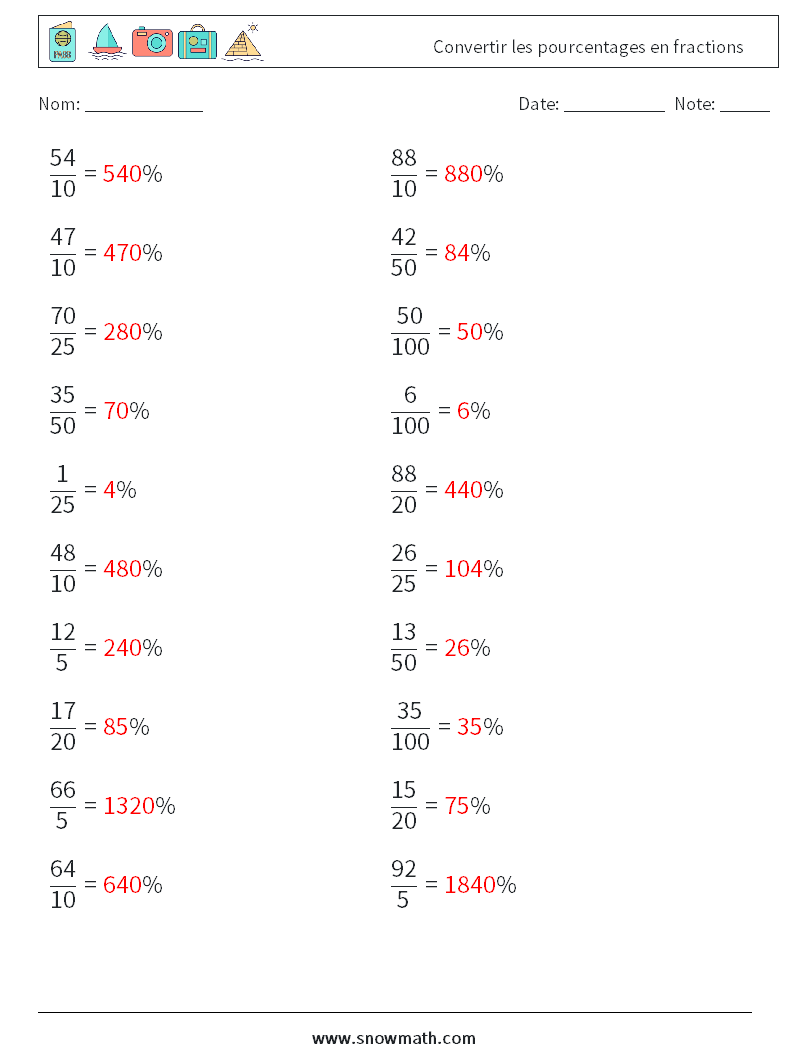 Convertir les pourcentages en fractions Fiches d'Exercices de Mathématiques 3 Question, Réponse