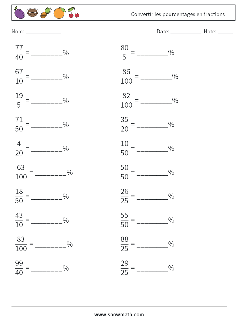 Convertir les pourcentages en fractions Fiches d'Exercices de Mathématiques 4