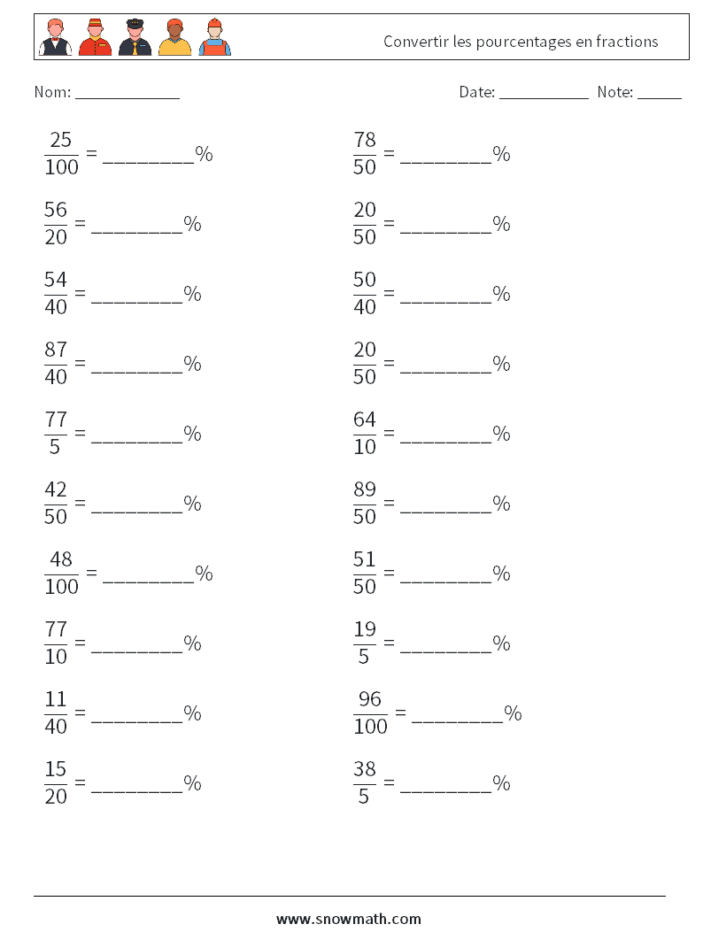Convertir les pourcentages en fractions Fiches d'Exercices de Mathématiques 8