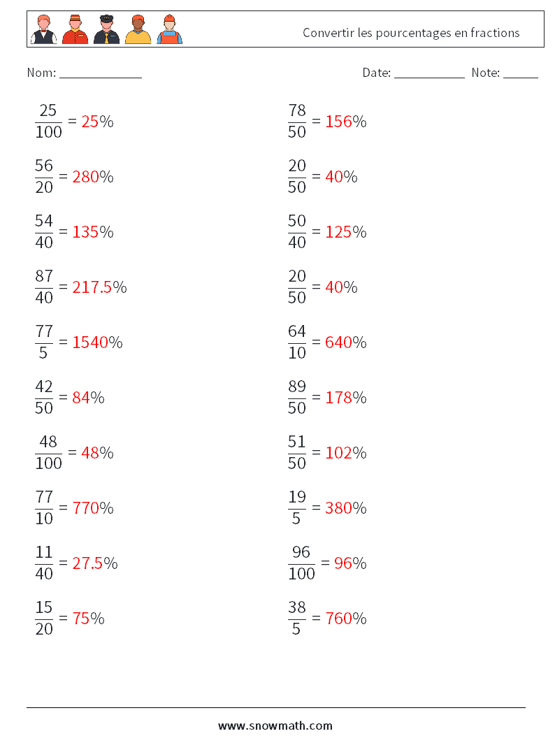 Convertir les pourcentages en fractions Fiches d'Exercices de Mathématiques 8 Question, Réponse