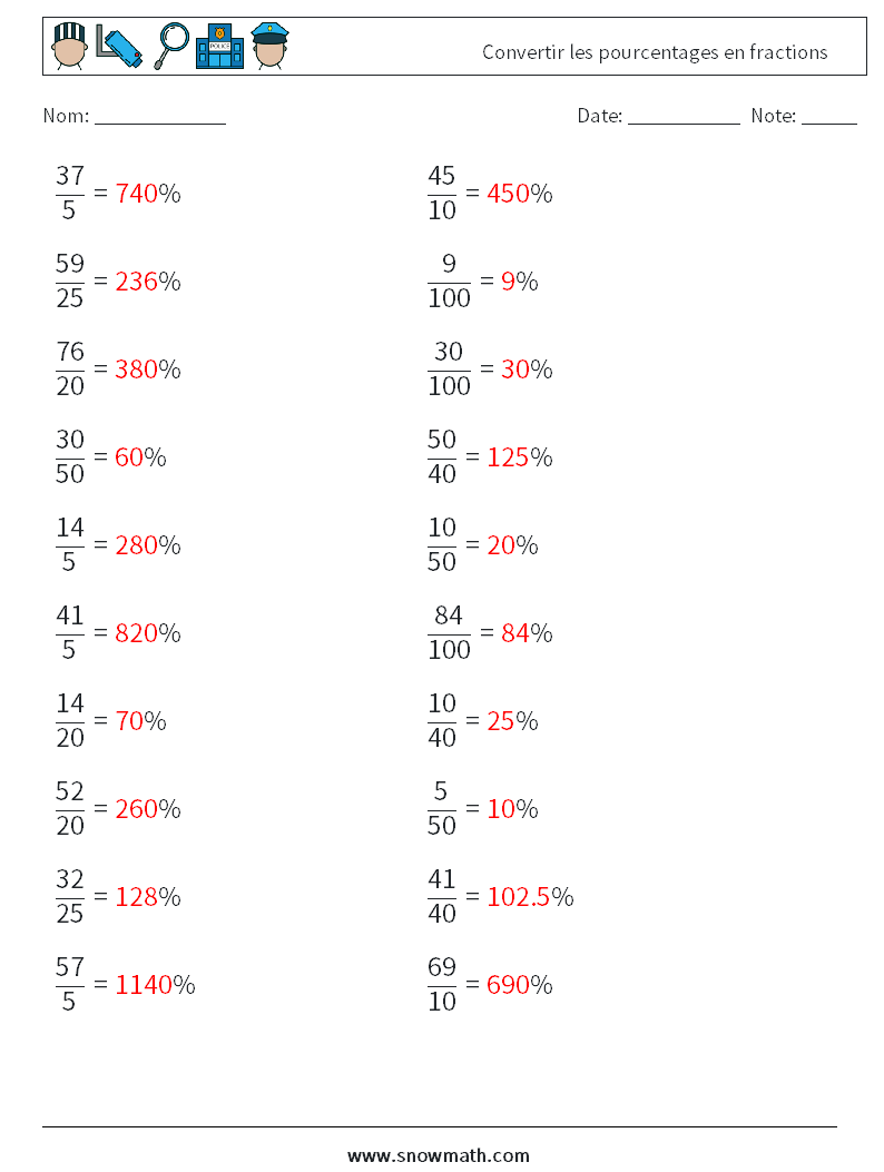 Convertir les pourcentages en fractions Fiches d'Exercices de Mathématiques 9 Question, Réponse