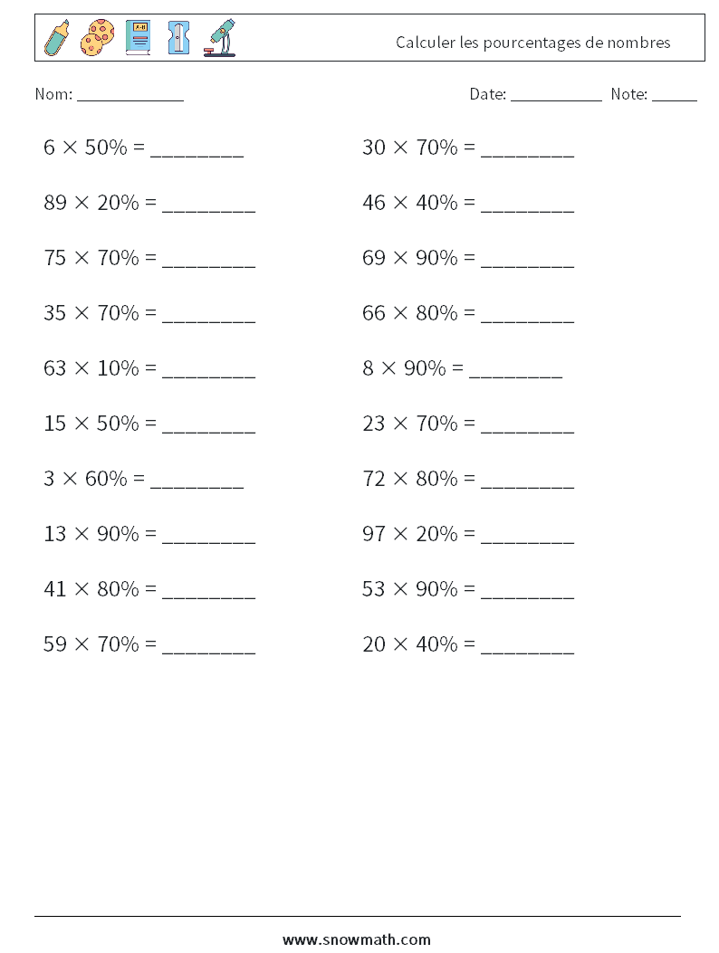 Calculer les pourcentages de nombres Fiches d'Exercices de Mathématiques 2